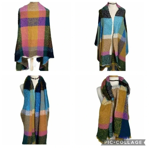 None Accessories - Multicolor plaid versatile cozy blanket scarf‎